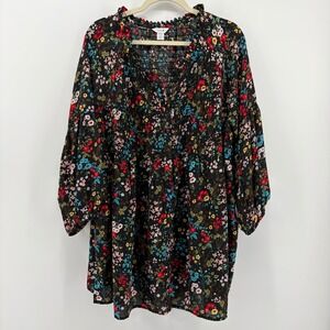 Intro Woman Plus Size 2X Black Floral Smocked V Neck Tunic Top 3/4 Sleeve